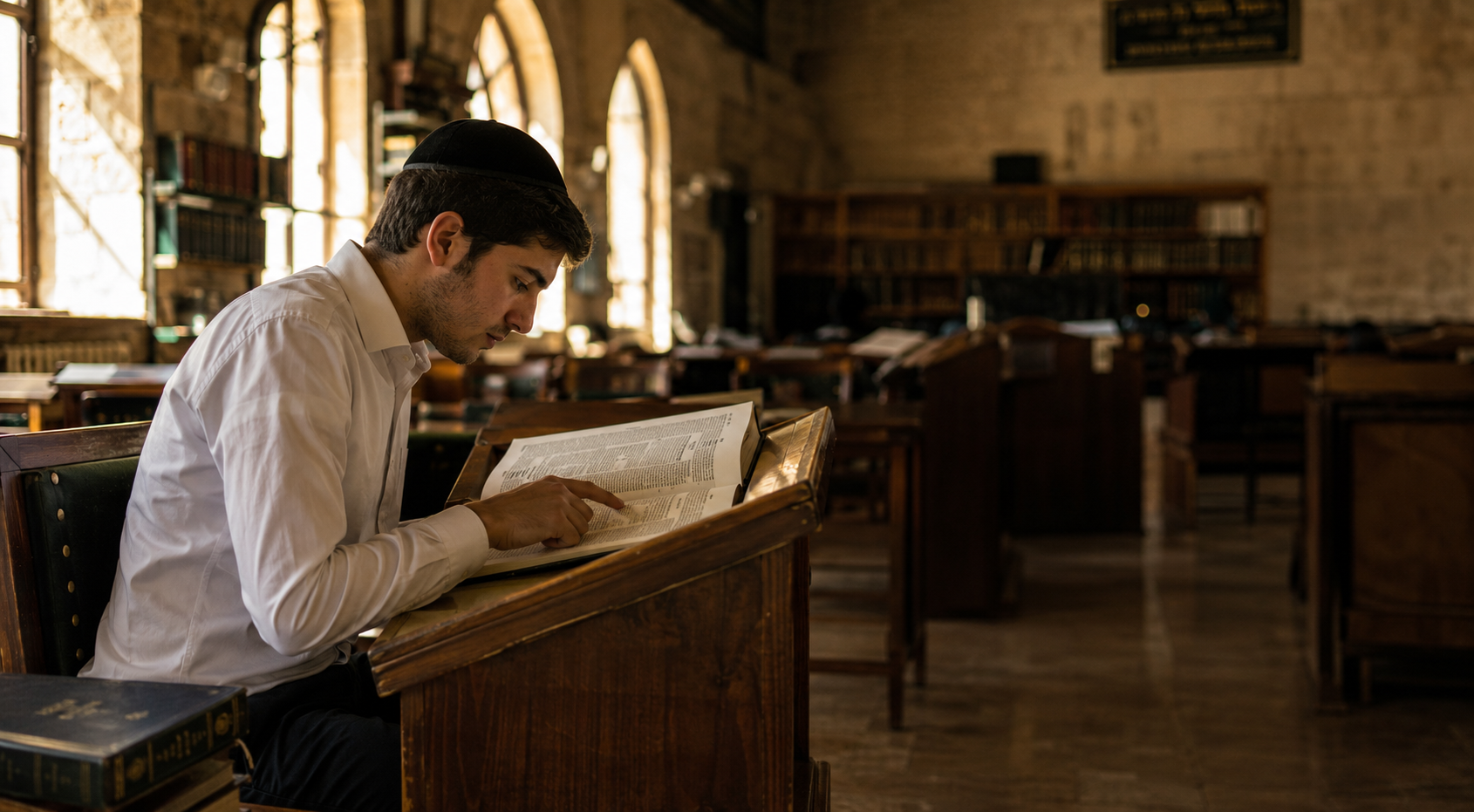 A young man learning Gemara in a Yerushalayim beis medrash, warm morning light through tall arched windows.