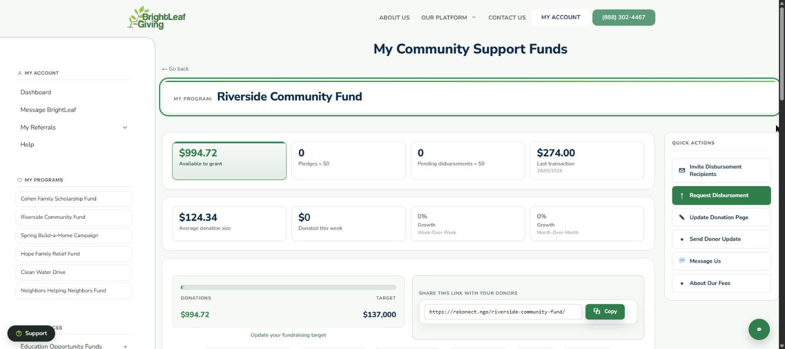 Community Support Fund page showing the fund's balances and Quick Actions
