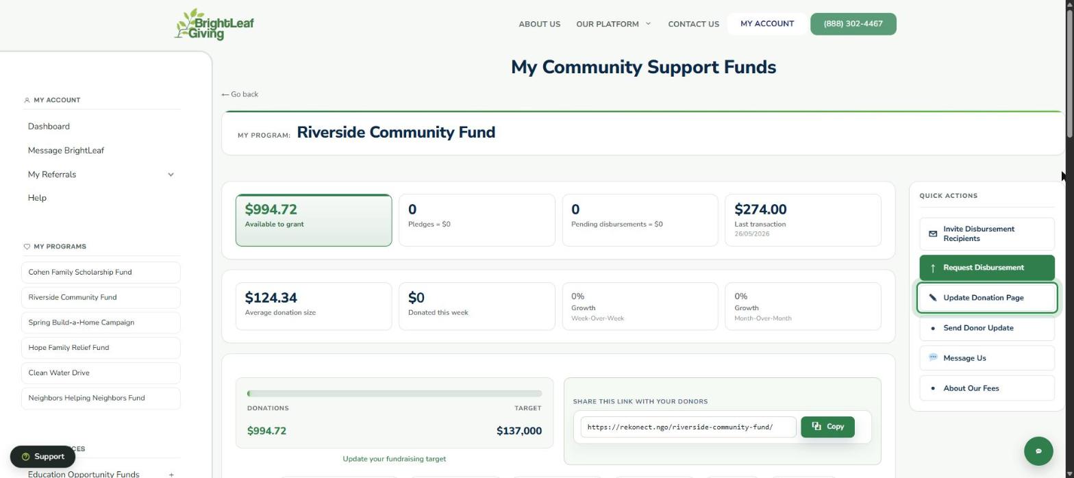 Quick Actions panel with Update Donation Page highlighted